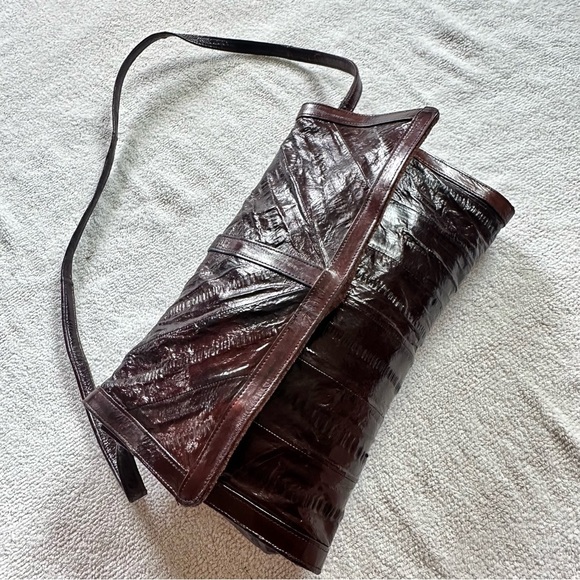 Vintage 70s Burgundy Red Eel Skin Leather Cross Body Purse &/or Clutch - Picture 7 of 12